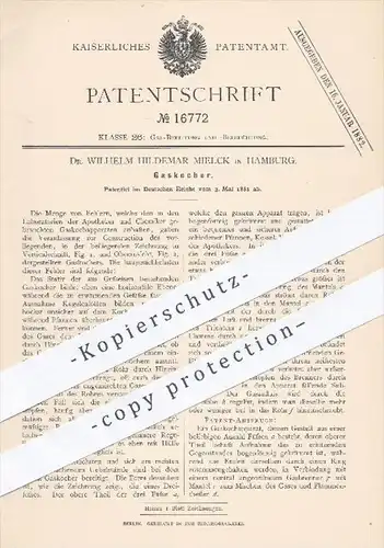 original Patent - Dr. Wilh. Hildemar Mielck , Hamburg , 1881 , Gaskocher | Gas , Kocher , Apotheke , Chemie , Gusseisen
