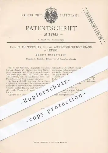 original Patent - O. Th. Winckler , A. Wünschmann , Leipzig , 1884 , Bücher - Rundpresse | Presse , Pressen , Buchbinder