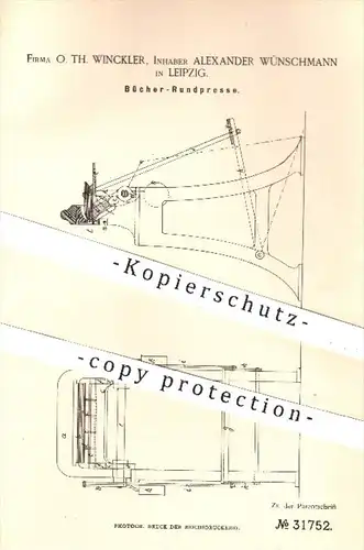 original Patent - O. Th. Winckler , A. Wünschmann , Leipzig , 1884 , Bücher - Rundpresse | Presse , Pressen , Buchbinder