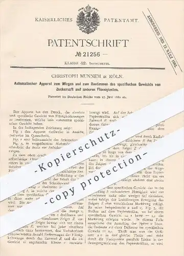 original Patent - Christoph Munnem , Köln , 1882 , Wiegen u. Bestimmen des spezifischen Gewichts von Zuckersaft | Zucker