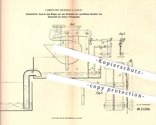 original Patent - Christoph Munnem , Köln , 1882 , Wiegen u. Bestimmen des spezifischen Gewichts von Zuckersaft | Zucker