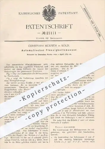 original Patent - Christoph Munnem in Köln , 1882 , Automatischer Flüssigkeitsmesser | Zählwerk , Flüssigkeiten !!!