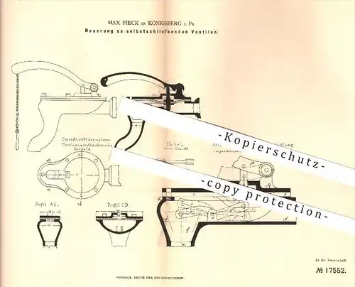 original Patent - M. Fieck , Königsberg 1881 , selbstschließende Ventile | Ventil , Wasserleitung  Wasserhahn , Klempner