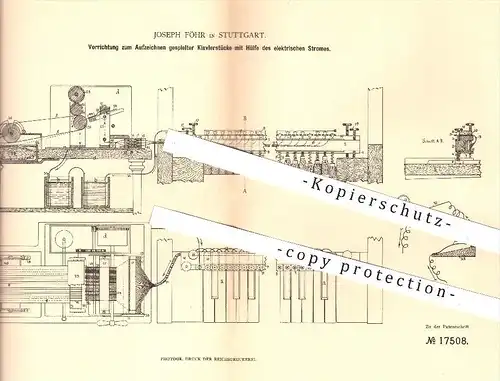 original Patent - J. Föhr , Stuttgart , 1881 , Aufzeichnen von Klavierstücken mit Hilfe von Strom | Musik , Klavier !!!