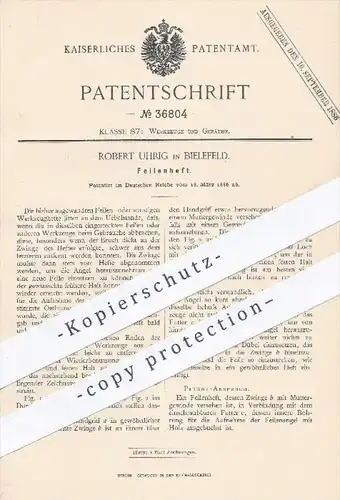 original Patent - Robert Uhrig in Bielefeld , 1886 , Feilenheft | Feile , Feilen , Werkzeug , Werkzeuge , Holz !!!