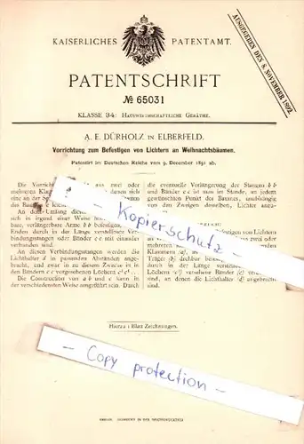 Original Patent  - A. E. Dürholz in Elberfeld , 1891 , Hauswirthschaftliche Geräthe !!!