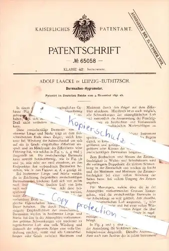 Original Patent  -  Adolf Laacke in Leipzig-Eutritzsch , 1891 , Darmsaiten-Hygrometer !!!