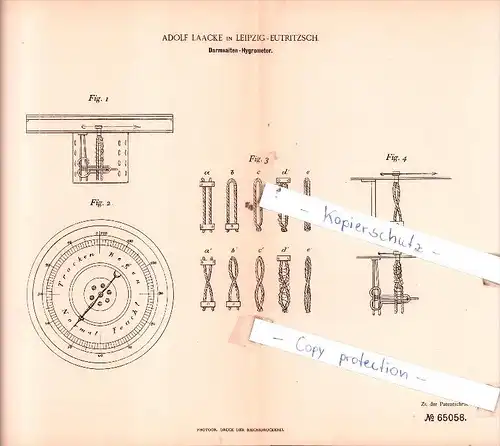 Original Patent  -  Adolf Laacke in Leipzig-Eutritzsch , 1891 , Darmsaiten-Hygrometer !!!