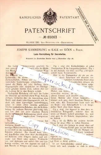 Original Patent  -  J. Kämmerling in Kalk bei Köln a. Rhein , 1891 , Gas-Bereitung !!!