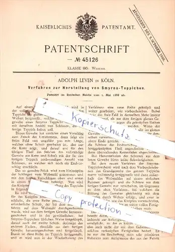 Original Patent  - Adolph Leven in Köln , 1888 , Weberei !!!
