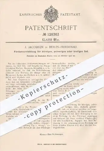 original Patent - J. Jacobsen , Berlin Friedenau , 1900 , Fördervorrichtung für körniges o. pulveriges Gut | Rechen !!!