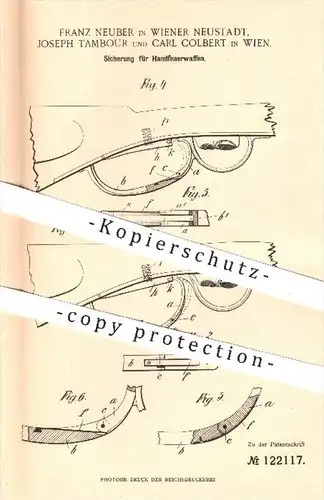 original Patent - F. Neuber , J. Tambour , C. Colbert , Wien , 1900 , Sicherung für Handfeuerwaffen | Waffe , Waffen !!!