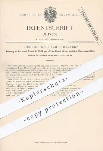 original Patent - Friedrich Gappisch in Dresden , 1881 , Kloset mit wechselndem Klappenverschluss | WC , Toilette !!!