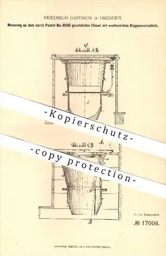 original Patent - Friedrich Gappisch in Dresden , 1881 , Kloset mit wechselndem Klappenverschluss | WC , Toilette !!!