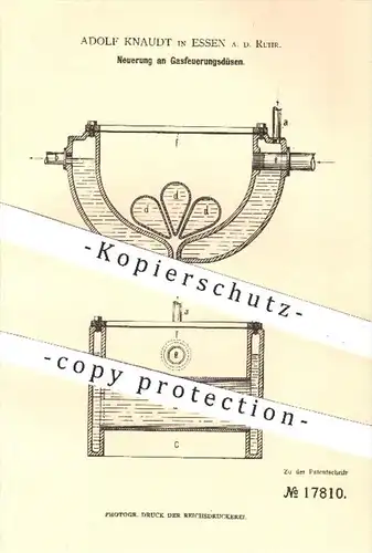 original Patent - Adolf Knaudt , Essen / Ruhr , 1881 , Gasfeuerungsdüsen | Düsen , Brenner , Feuerung , Gas , Gase !!!