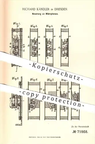 original Patent - Richard Kändler in Dresden , 1891 , Mikrophon , Mikrophone , Mikrofon , Mikrofone , Elektrik !!!