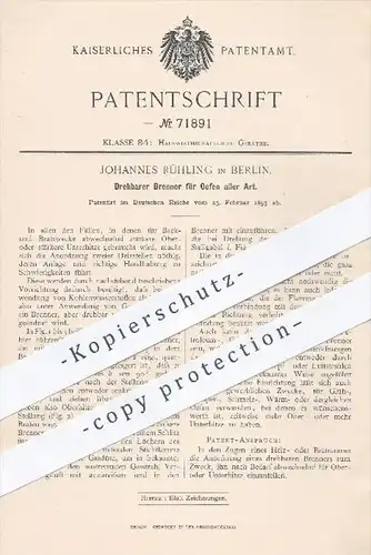 original Patent - Johannes Rühling in Berlin , 1893 , Brenner für Öfen aller Art | Ofen , Heizung , Feuerung , Haushalt