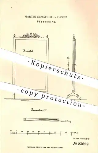 original Patent - Martin Schäffer in Kassel , 1883 , Ofenschirm | Ofen , Öfen , Schirm , Haushalt , Holz , Eisen !!!