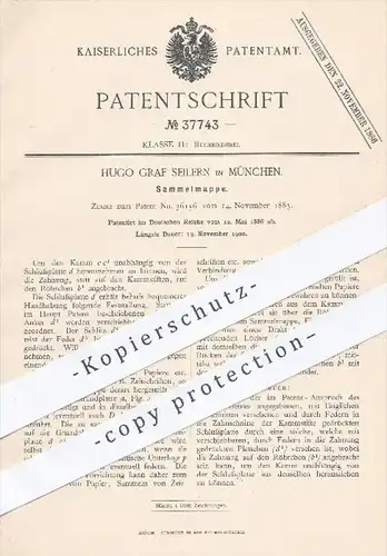 original Patent - Hugo Graf Seilerin , München , 1886 , Sammelmappen | Mappe , Mappen , Papierpappen , Buchbinderei !!!