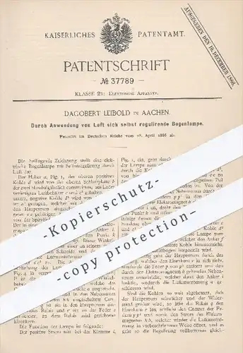 original Patent - Dagobert Leibold in Aachen , 1886 , selbst regulierende Bogenlampe | Lampe , Elektrik , Licht !!!