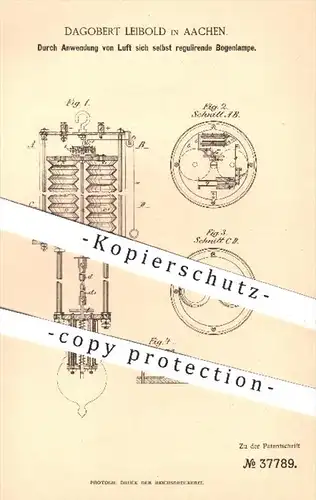 original Patent - Dagobert Leibold in Aachen , 1886 , selbst regulierende Bogenlampe | Lampe , Elektrik , Licht !!!
