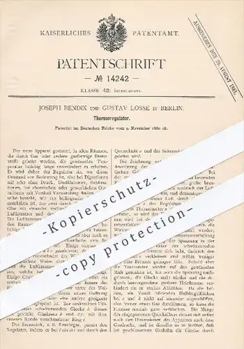 original Patent - Joseph Bendix , Gustav Losse , Berlin , 1880 , Thermoregulator | Regulator , Regulatoren !!!