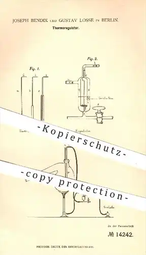 original Patent - Joseph Bendix , Gustav Losse , Berlin , 1880 , Thermoregulator | Regulator , Regulatoren !!!