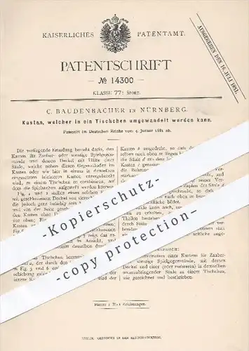 original Patent - C. Baudenbacher in Nürnberg , 1881 , kombinierter Kasten u.Tisch | Holztisch , Zauberkasten, Zauberer