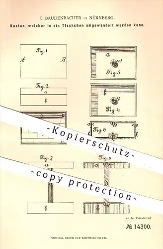 original Patent - C. Baudenbacher in Nürnberg , 1881 , kombinierter Kasten u.Tisch | Holztisch , Zauberkasten, Zauberer