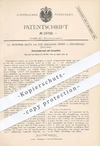 original Patent - Dr. H. Beins u. Jan F. Beins , Groningen , Holland , 1884 , Sicherheitsventil mit Lärmpfeife | Pfeife