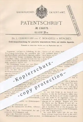 original Patent - Dr. L. Cerebotani , C. Moradelli , München , 1901 , Elektromagnetanordnung für telegraphische Relais !