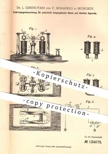 original Patent - Dr. L. Cerebotani , C. Moradelli , München , 1901 , Elektromagnetanordnung für telegraphische Relais !