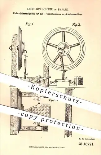 original Patent - Leop. Gerechter , Berlin , 1881 , Feder - Universalgelenk für den Tretmechanismus | Nähmaschinen !!!