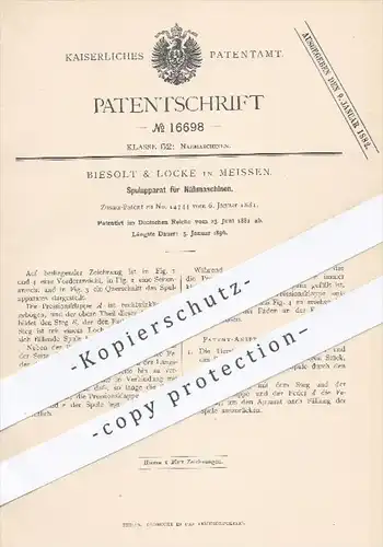 original Patent - Biesolt & Locke in Meissen , 1881 , Spulapparat für Nähmaschinen | Nähmaschine , Spule , Spulen !!!