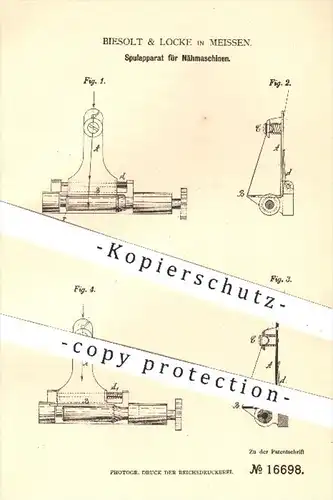 original Patent - Biesolt & Locke in Meissen , 1881 , Spulapparat für Nähmaschinen | Nähmaschine , Spule , Spulen !!!