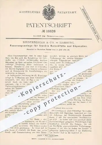 original Patent - Niederberger & Co. in Hamburg , 1881 , Feuerung für Holzabfälle u. Sägespäne | Holz , Ofen , Heizung !