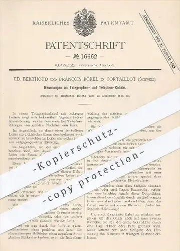 original Patent - Ed. Berthoud , François Borel , Cortaillot , Schweiz , 1880 , Kabel für Telegraf u. Telefon | Elektrik