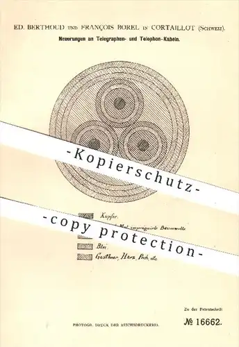 original Patent - Ed. Berthoud , François Borel , Cortaillot , Schweiz , 1880 , Kabel für Telegraf u. Telefon | Elektrik