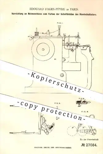 original Patent - Edouard Fages Peyre , Paris , 1883 , Nähmaschinen zum Färben am Handschuhleder | Leder , Nähen !!!