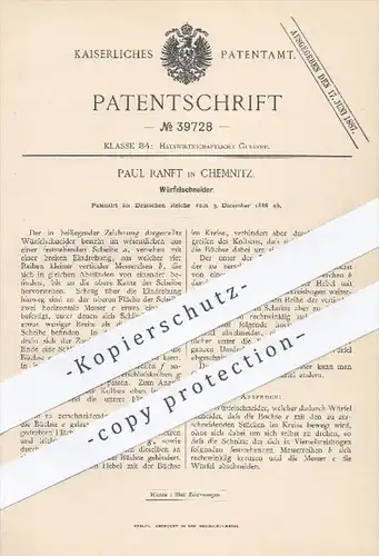 original Patent - P. Ranft , Chemnitz , 1886 , Würfelschneider | Schneiden , Messer , Klinge , Haushalt , Hauswirtschaft