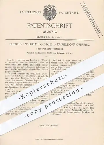 original Patent - Fr. W. Poestges , Düsseldorf Oberbilk , 1886 , Befestigung für Türdrücker | Tür , Türen , Türschloss !