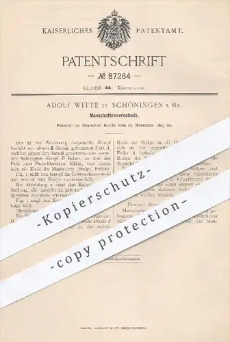 original Patent - Adolf Witte , Schöningen  1895 , Verschluss für Manschetten | Manschettenknopf , Knopf , Knöpfe , Mode