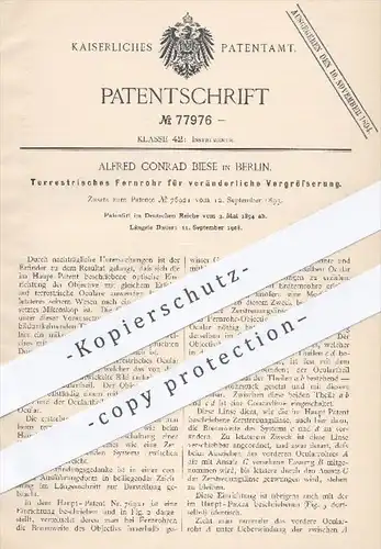 original Patent - Alfred Conrad Biese , Berlin , 1894 , Terrestrisches Fernrohr zur Vergrößerung | Mikroskop , Okular !!