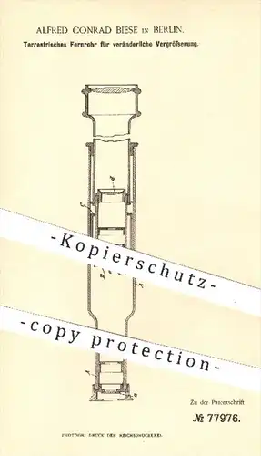 original Patent - Alfred Conrad Biese , Berlin , 1894 , Terrestrisches Fernrohr zur Vergrößerung | Mikroskop , Okular !!