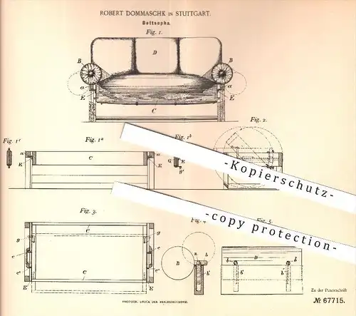 original Patent - R. Dommaschk , Stuttgart , 1892 , Bettsopha , Bettsofa | Bett , Sofa , Bettmöbel , Möbel , Couch !!!