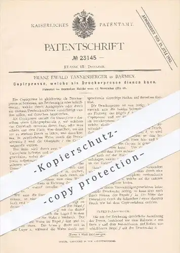 original Patent - F. E. Tannenberger , Barmen 1882 , Kopierpresse , Druckerpresse | Presse , Pressen , Druck , Druckerei
