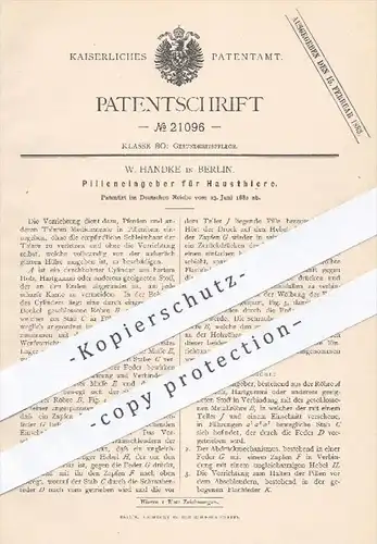 original Patent - W. Handke , Berlin 1882 , Pilleneingeber für Haustiere | Tier , Tiere , Tierarzt , Veterinär , Medizin