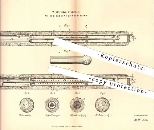 original Patent - W. Handke , Berlin 1882 , Pilleneingeber für Haustiere | Tier , Tiere , Tierarzt , Veterinär , Medizin