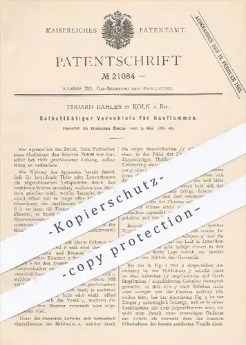 original Patent - Eduard Rahles , Köln / Rhein , 1882 , Verschluss für Gasflammen | Gas , Brenner , Gasbrenner , Licht !