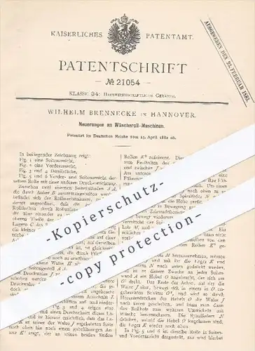 original Patent - W. Brennecke , Hannover , 1882 , Wäscheroll - Maschine , Wäsche , Wäscherei , Mangel , Wäschemangel !!